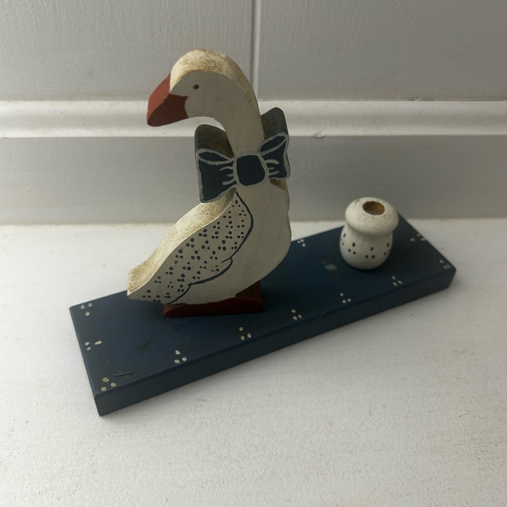 Vintage 80s Giftco Wooden Duck Goose Candle Holder Kitschy Farmhouse Blue White - Picture 4 of 7
